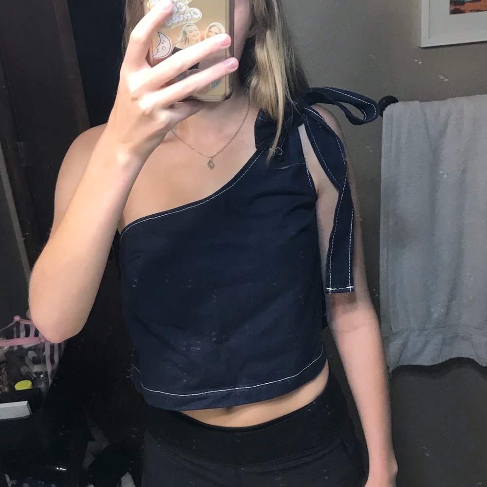 One Shoulder Denim Crop Top